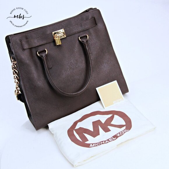 Michael Kors Hamilton Saffiano Chain Leather Brown Gold Shoulder Tote Bag Duster - Picture 13 of 16